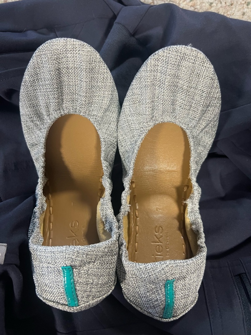 Tieks Grey Women’s Ballet Flats with Teal Accent - Lightweight Slip-On